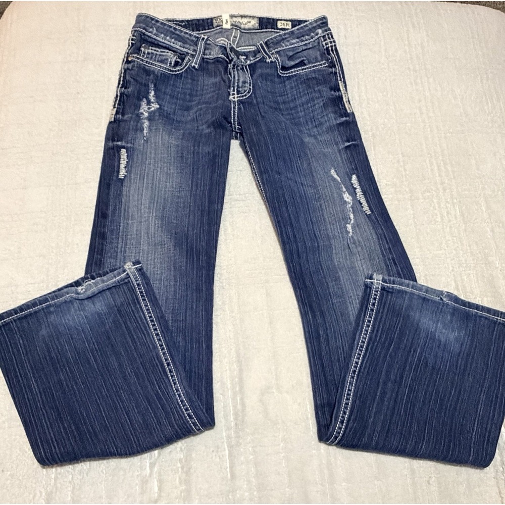 BKE Madison Jeans Womens 26R Blue Fade Distressed Flare Boot Low Rise Stretch